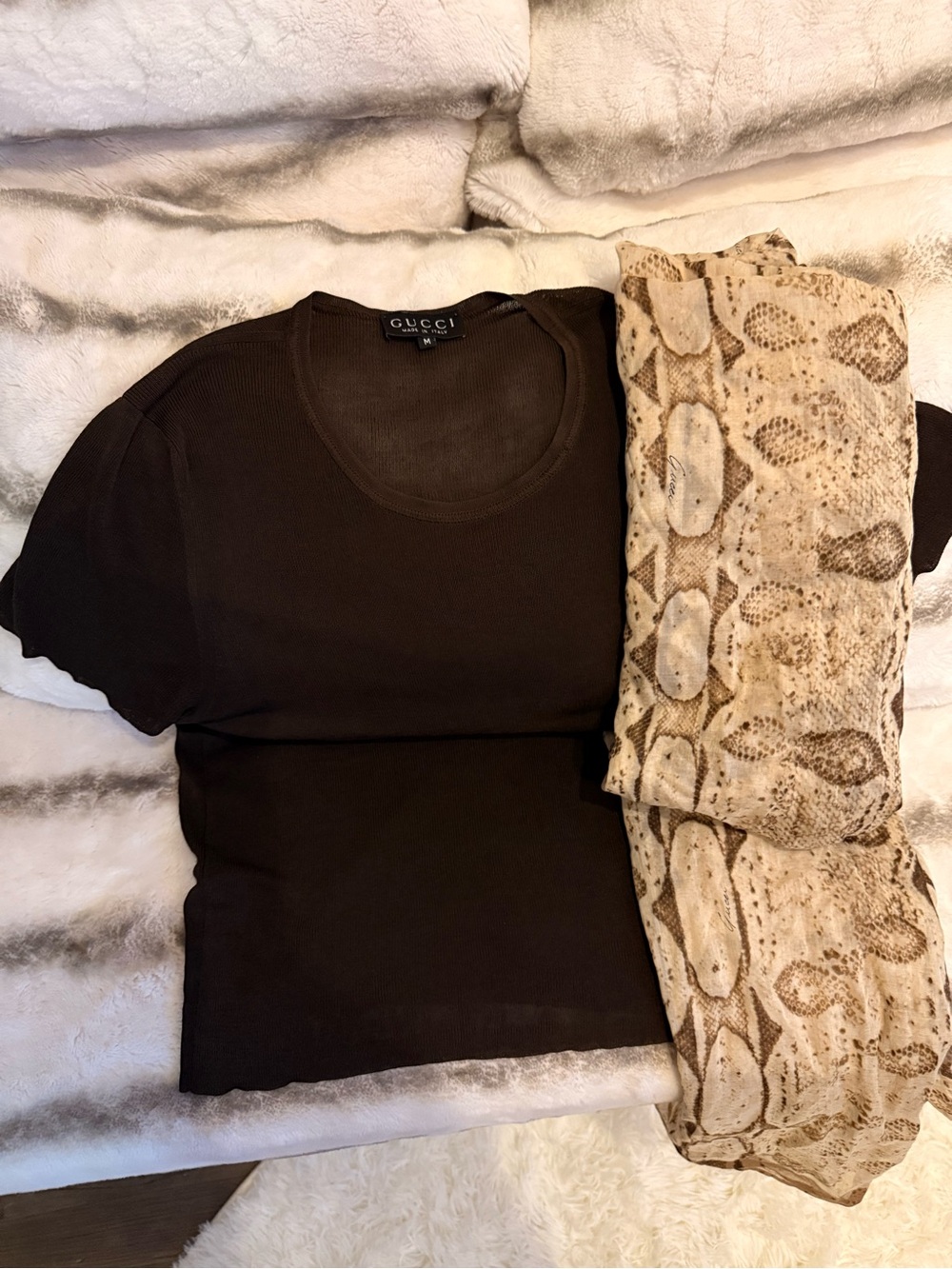 Gucci Snake Print Scarf & bonus Gucci Brown Tee - Authentic